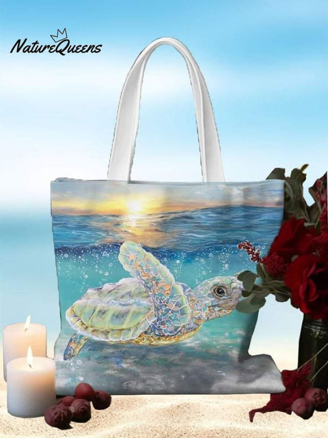 Sunset Turtle Art Print Linen Tote Bag
