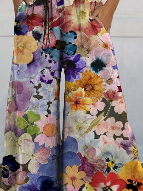 Women's Lovely Flowers Art Print Casual Wide Leg Pants
