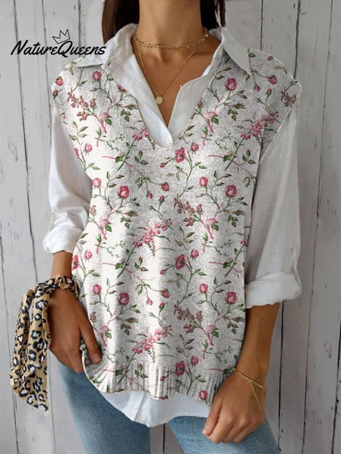 Petite Pink Rose Pattern Printed Women's Versatile Knitted Vest
