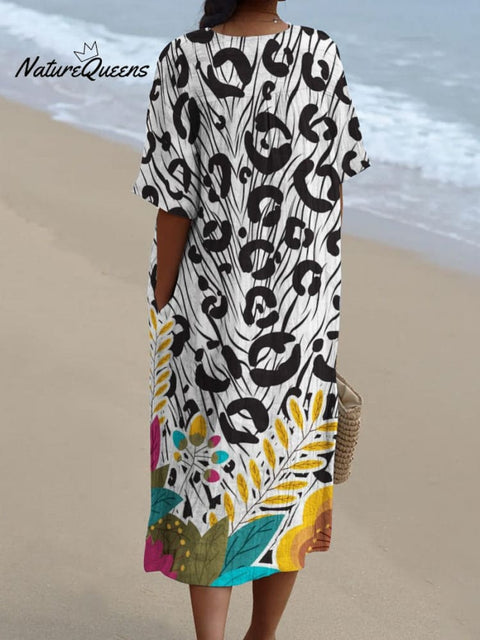 Black and White Leopard Print and Floral Collage Decorative Pattern Flowy Dress