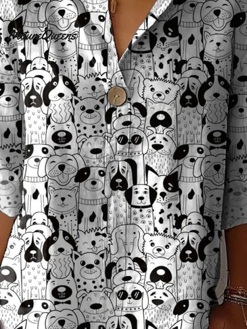 Doodle Puppy Dogs Repeat Pattern Printed Women's Casual Cotton Linen Shirt