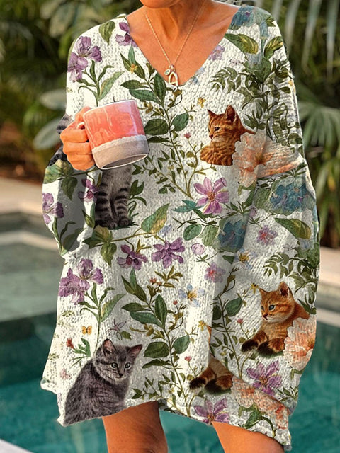 Women's Funny Cat Art Print Casual Pullover Sweater