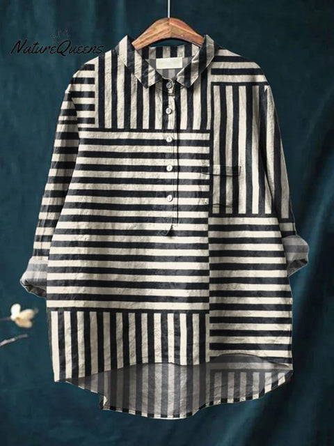 Women's Black and White Horizontal and Vertical Stripes Print Casual Cotton And Linen Shirt