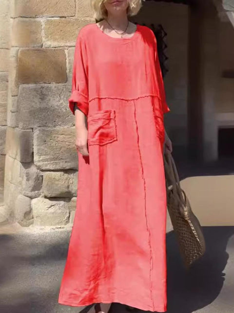 Women's Round Neck Solid Color Cotton And Linen Long Sleeve Pocket Casual Pleated Dress