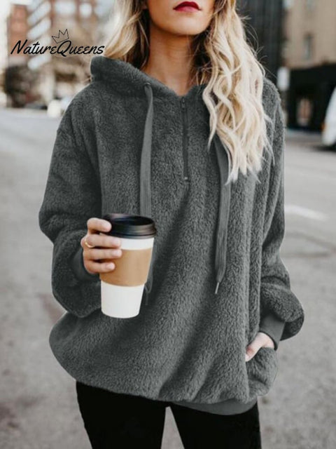 Plush Women's Long Sleeve Hooded Loose Sweatshirt and Fleece Jacket