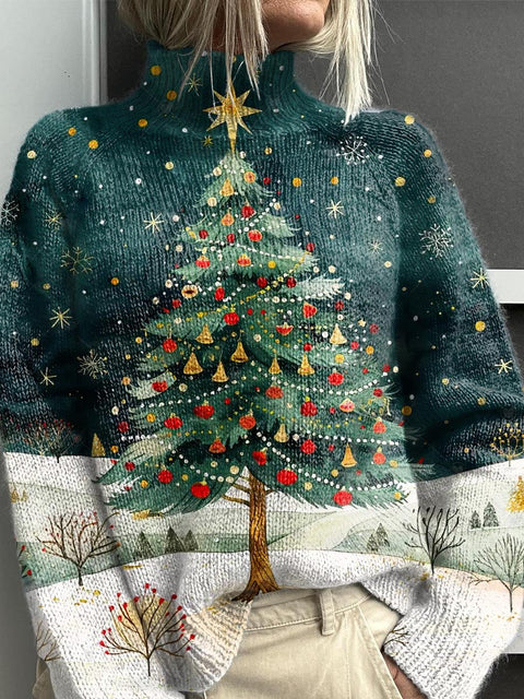 Women's Lovely Christmas Tree Art Print Knit Turtleneck Pullover Sweater