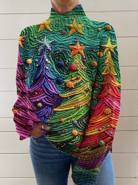 Women's Lovely Christmas Tree Art Print Knit Turtleneck Pullover Sweater