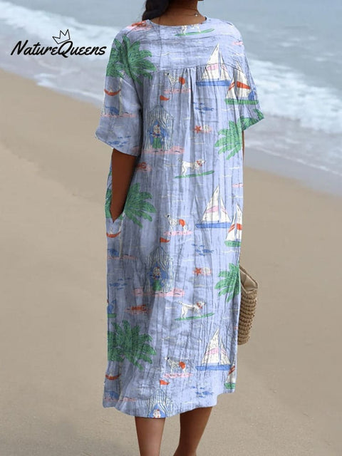 Summer Vacation And Puppy Dog Pattern Printed Women's Flowy Dress