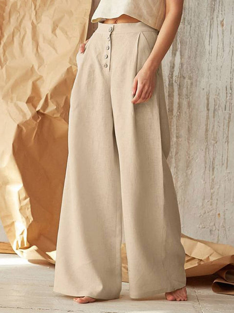 Women's Solid Color High Waist Casual Buttoned Cotton and Linen Wide Leg Pants