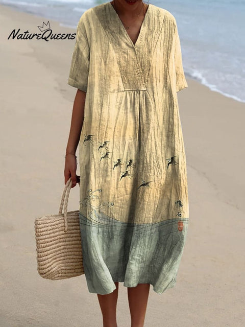 Women's Retro Waves Seabirds Japanese Art Graphic Print Flowy Dress
