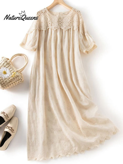 Literary Embroidered Chain Link Hollow Lace Dress