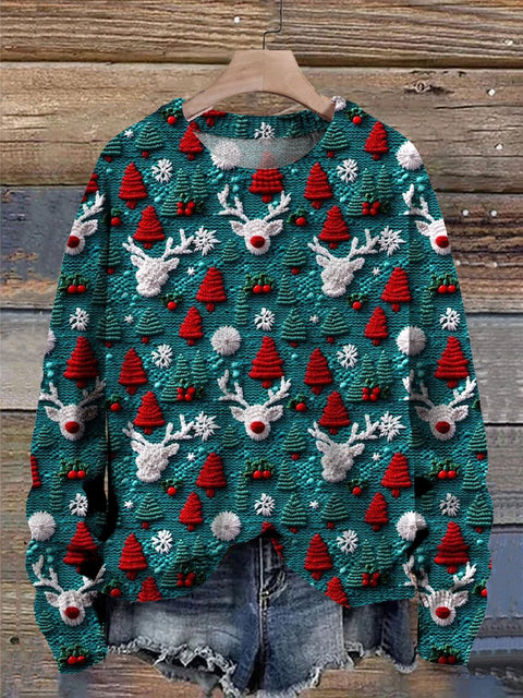 3D Reindeer Knit Stitch Pattern Printed Knit Pullover Sweater