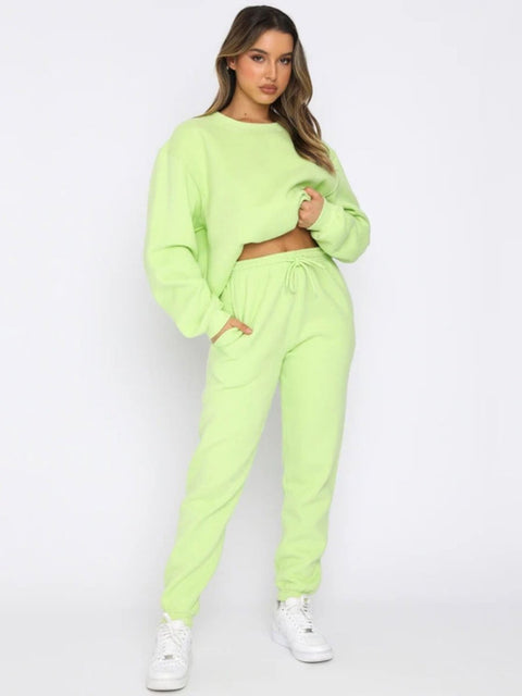 Solid Color Round Neck Long Sleeve Trousers Sweatshirt Suit