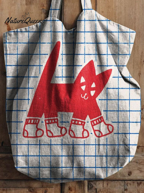 Cat And Check Pattern Printed Linen Tote Bag
