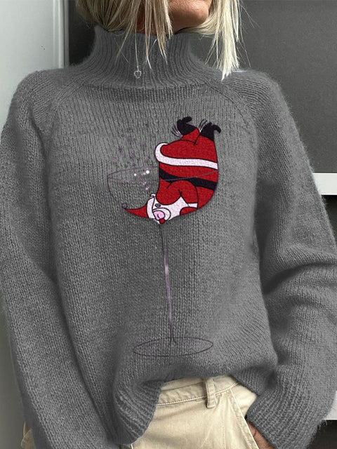 Embroidery   Red Wine Glass Santa  Christmas Art Print Knit Turtleneck Pullover Sweater