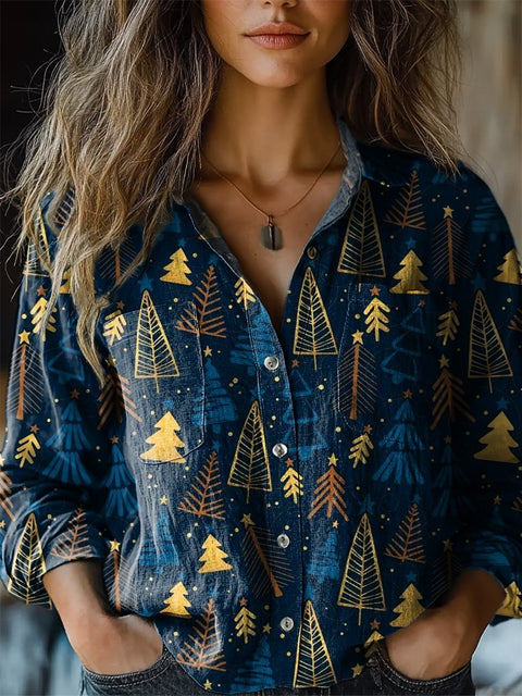 Lovely Christmas Tree Pattern Printed Women's Casual Long Sleeve Comfortable Cotton Shirt