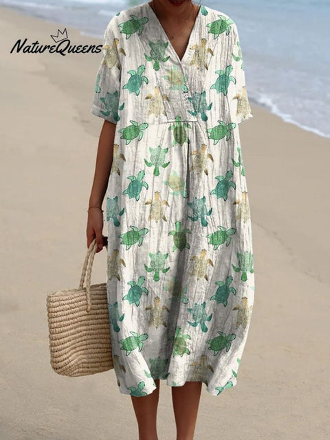 Little Sea Turtle Pattern Printed Women's Flowy Dress