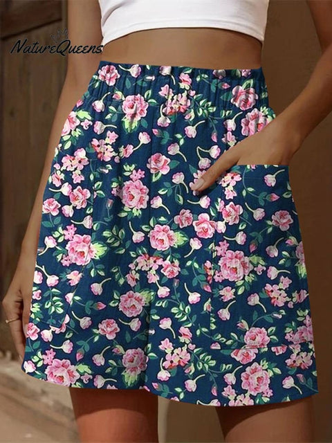 Pink French Rose Pattern Printed Women's Casual Tiered Palazzo Pants