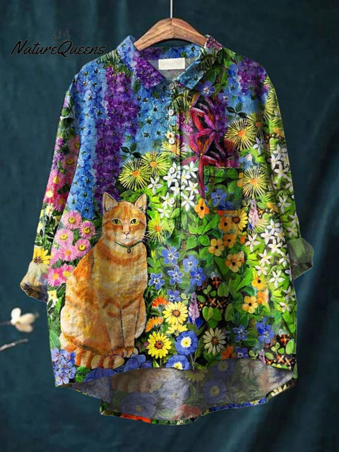 Women's Floral Dog Art Print Casual Cotton And Linen Shirt