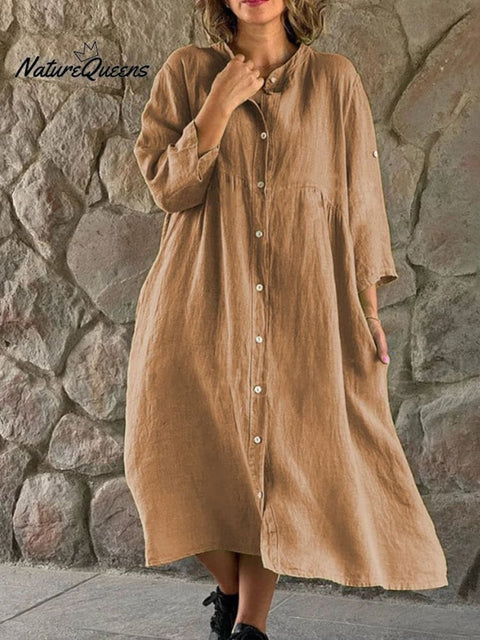 Cotton And Linen Casual Stand - Up Collar Button - Down Dress Brown / S