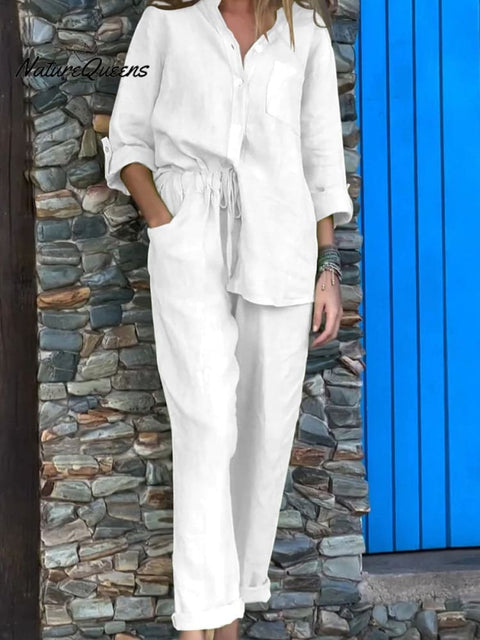 Women's Solid Color Casual Cotton And Linen Shirt Suit