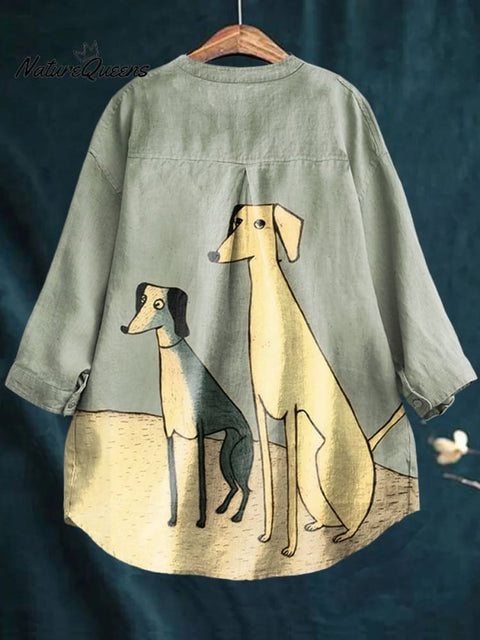 Women's Simple Two Dogs Print Casual Cotton And Linen Shirt