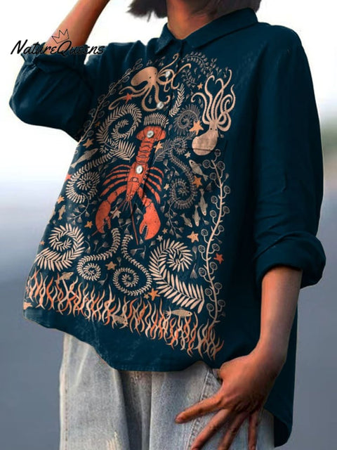 Lobster and Octopus Totem Decorative Pattern Casual Cotton And Linen Shirt