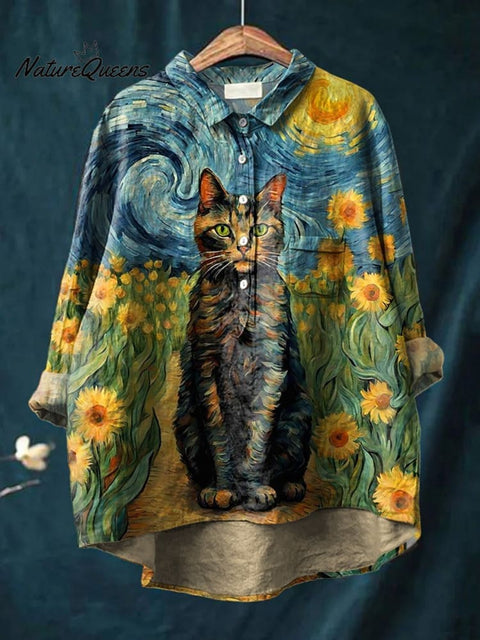 Van Gogh Style Cat Painting Printed Women's Casual Cotton And Linen Shirt