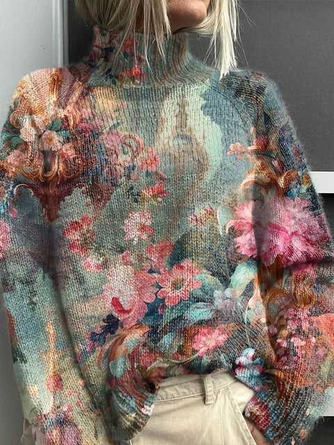 Women's Lovely Floral Art Print Knit Turtleneck Pullover Sweater