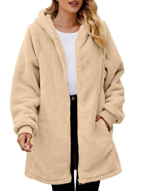 Women's Stylish Casual Long Sleeve Solid Color Loose Plush Hooded Zip Cardigan Coat