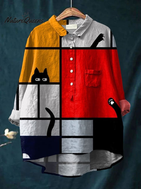 Women's Abstrct Cat Art Print Casual Cotton And Linen Shirt