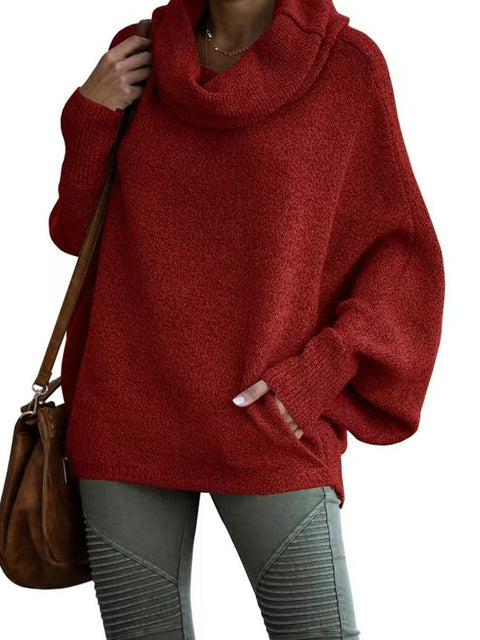 Women's Stylish Casual Long Sleeve Pullover Solid Color Loose Turtleneck Knitted Sweater
