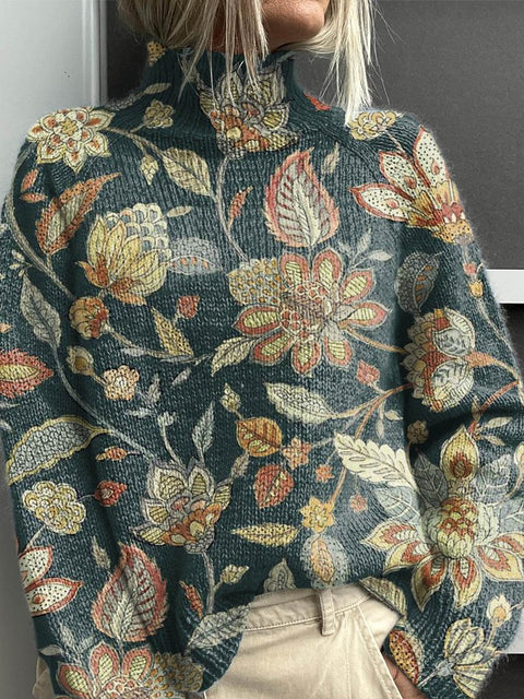 Women's Lovely Floral Art Print Knit Turtleneck Pullover Sweater
