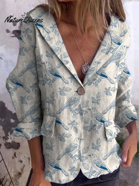 Line Drawing Spring Birds Pattern Printed Women's Linen And Cotton Pocket Coat