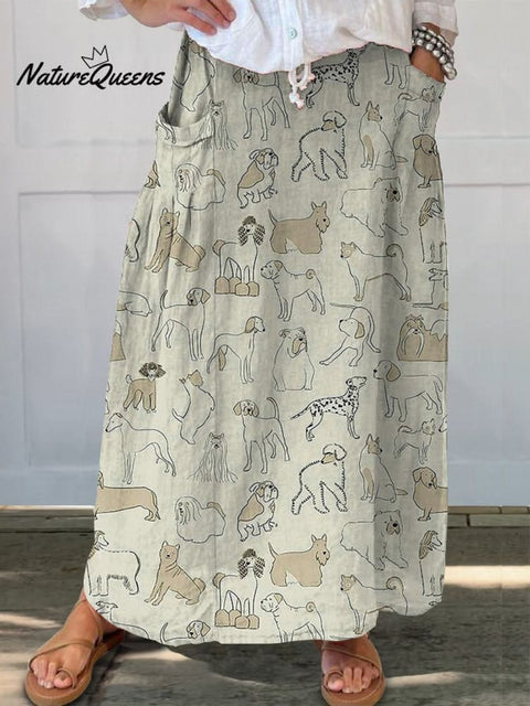 Line Drawing Dogs Pattern Printed Women's Linen Pocket Skirt