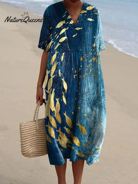 Night Sardine Fish Art Printed Women's Flowy Dress