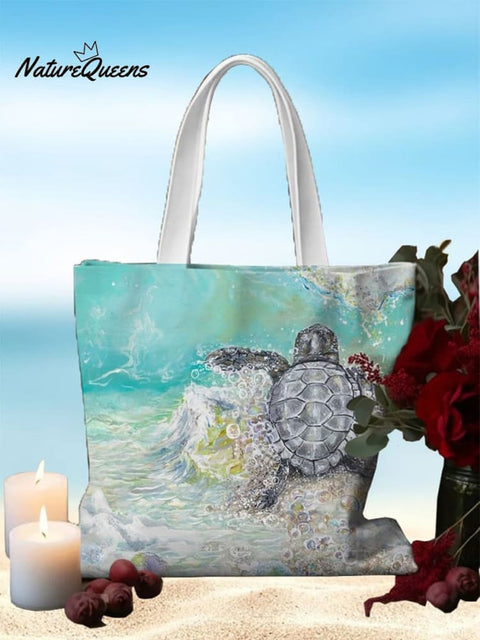 Wave Turtle Art Print Linen Tote Bag