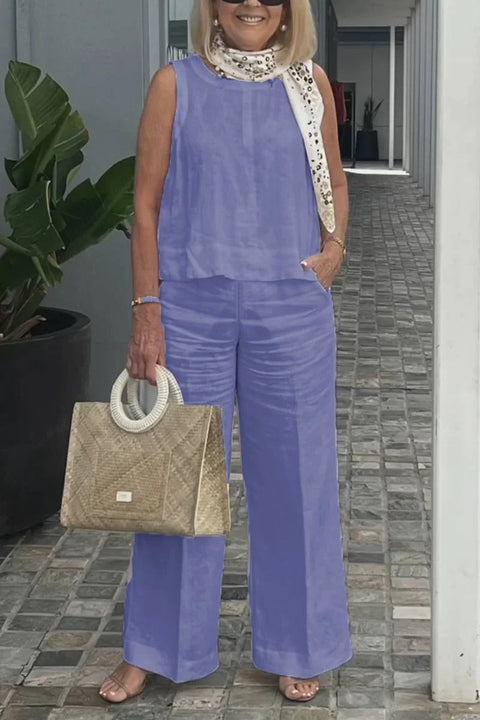 Women's Stylish Casual Loose Sleeveless Solid Color Cotton And Linen Suit