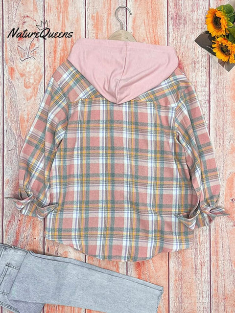 Women's Hooded Colorblock Plaid Stylish Casual Shirt Jacket