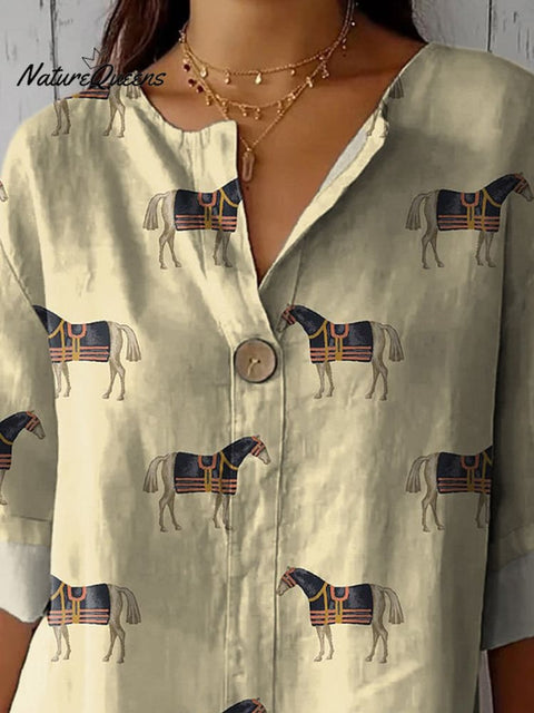 Horse Repeat Pattern Printed Women's Casual Cotton Linen Shirt