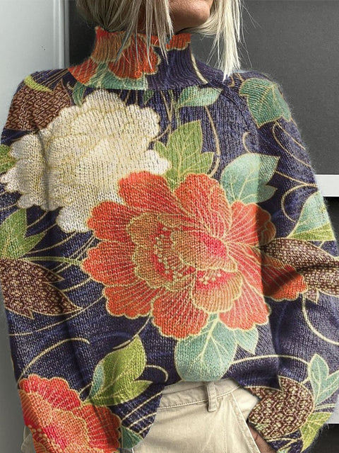 Oriental Style Large Flower Decorative Pattern Knit Turtleneck Pullover Sweater