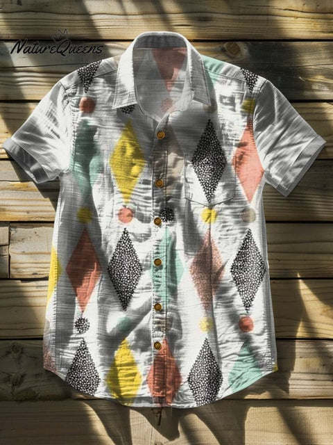 Rhombus Color Splicing Art Print Casual 100% Cotton Shirt