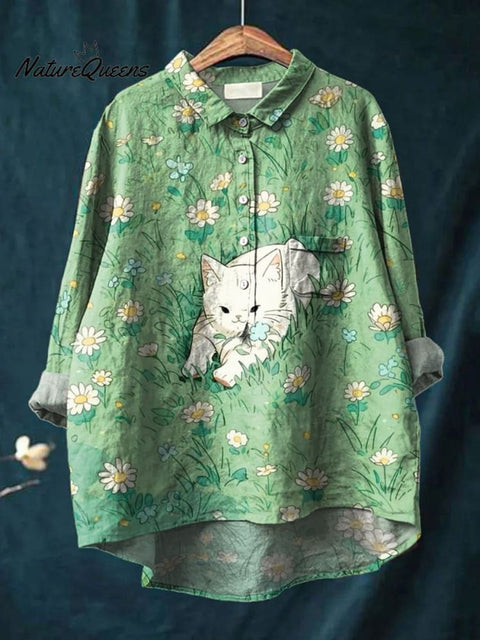 Women's Lovely Cat Floral Art Print Casual Cotton And Linen Shirt