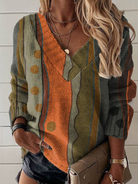 Retro  Art Print Knit V-neck Pullover Sweater