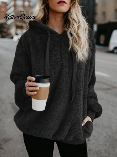 Plush Women's Long Sleeve Hooded Loose Sweatshirt and Fleece Jacket