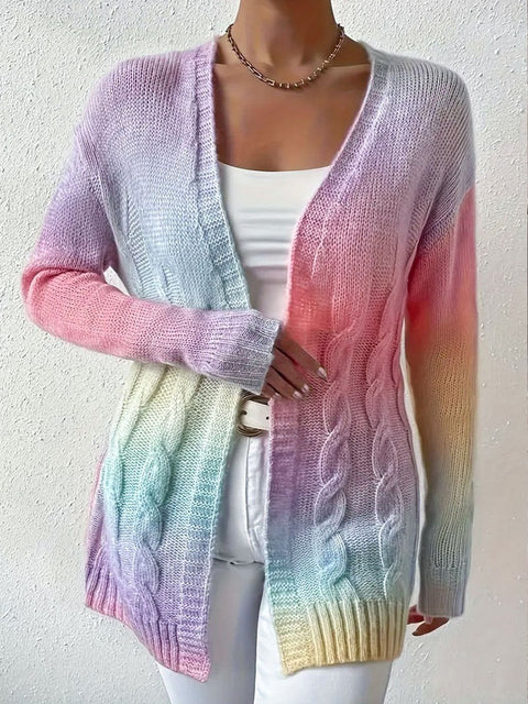 Women's Rainbow Tie-Dye Twist Long Knit Cardigan Jacket