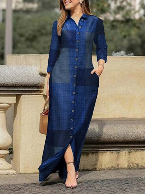 Women's Geometric Pattern Art Print Loose Elegant Casual Lapel Long Sleeve Cotton Long Shirt Dress