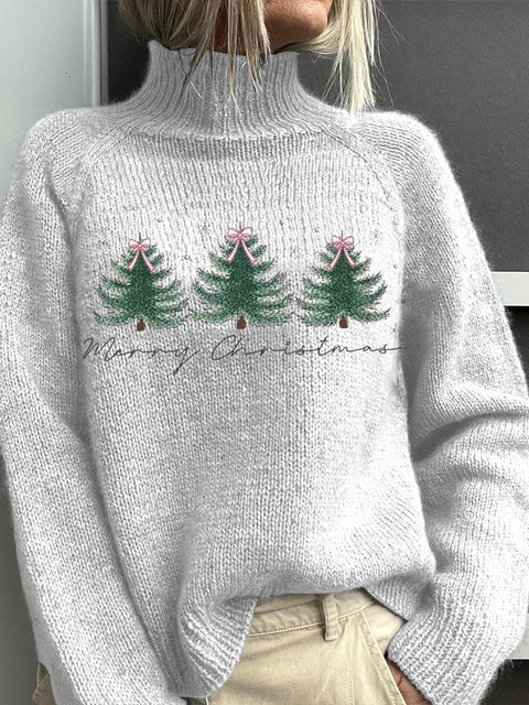 Embroidery Christmas Art Print Knit Turtleneck Pullover Sweater
