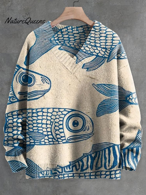 Men's V-neck Women's Blue Minimalist Line Fish Print Long Sleeve Sweater
