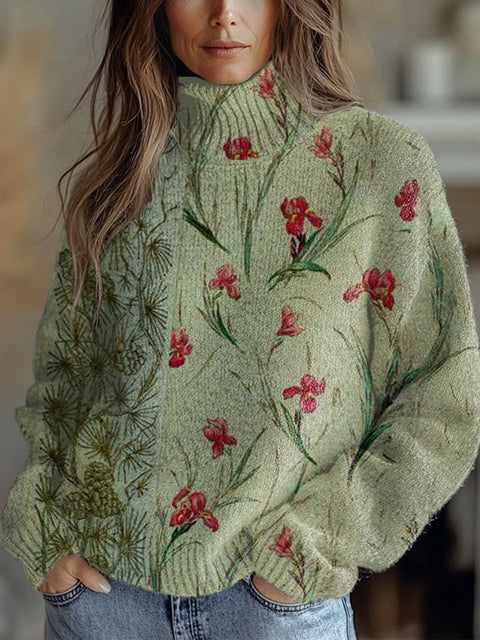 Flowers Art Print Knit Turtleneck Pullover Sweater